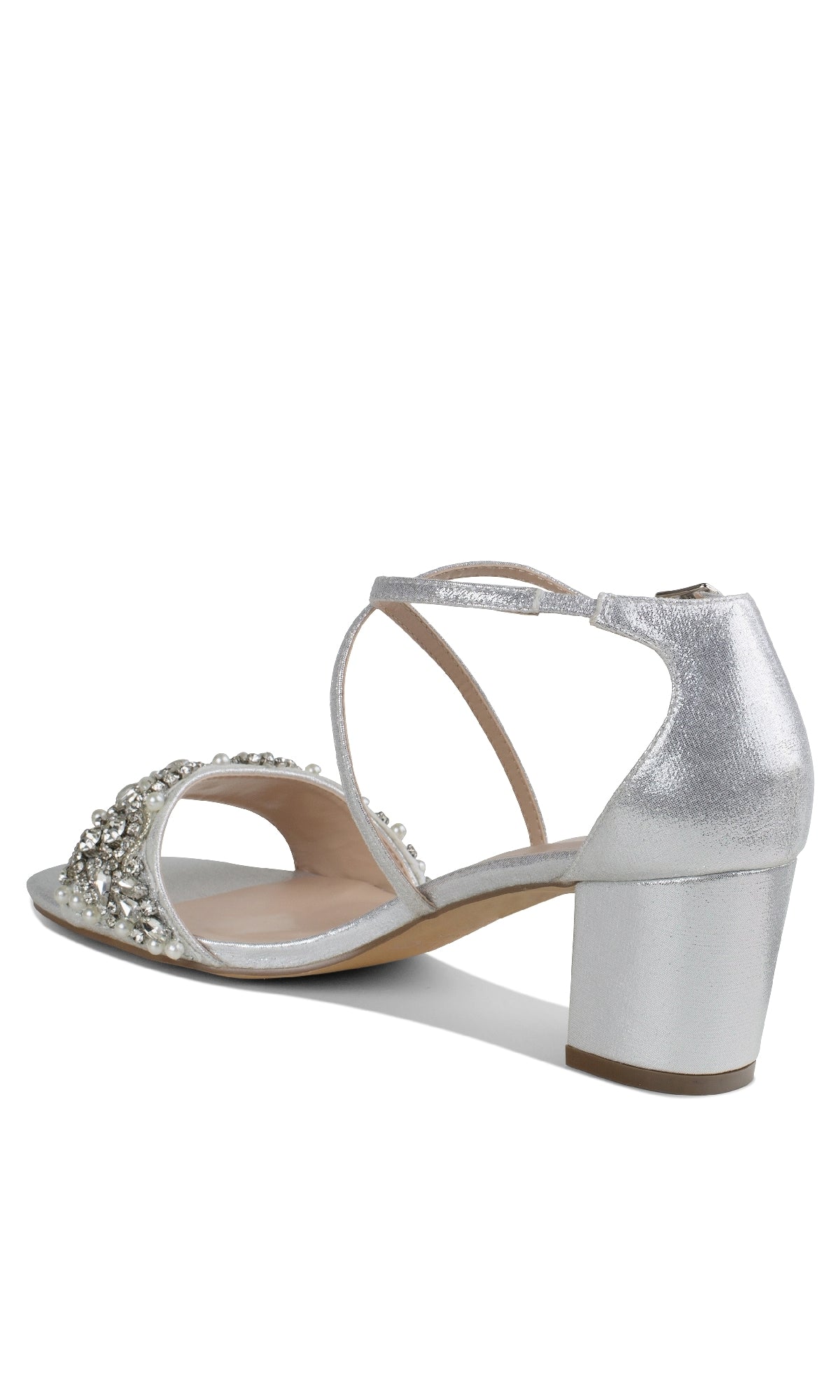 The Evangeline Silver Prom Shoes by Paradox London, style P2201, showcase a silver block heel, jeweled toe strap, and ankle strap, viewed from a rear side angle—ideal for prom and special occasions.